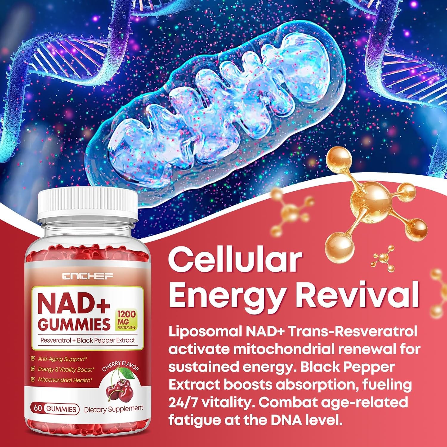 NAD+ Gummies, 1200mg Liposomal NAD Supplement for Women & Men with Trans-Resvera