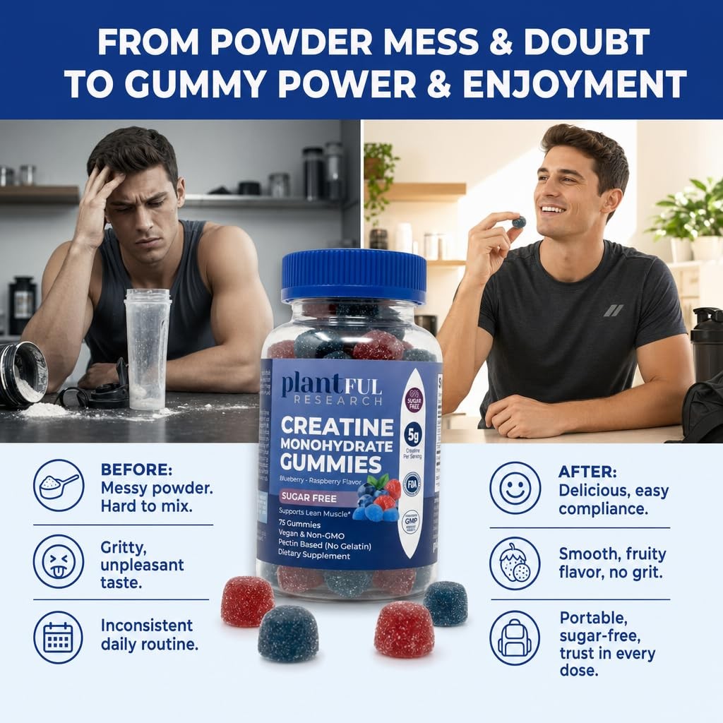 Creatine Monohydrate Gummies Sugar Free – 5g Creatine Per Serving – Blueberry…