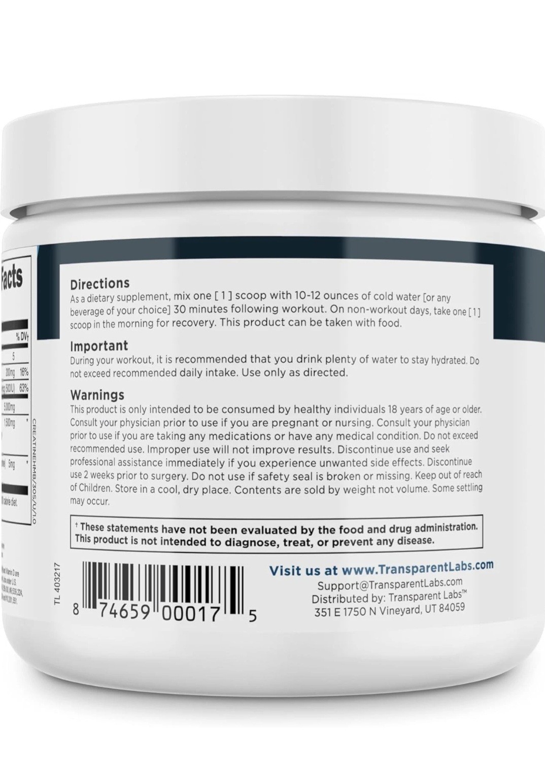 Transparent Labs Creatine HMB Creatine Monohydrate Powder Unflavored 30 Servings