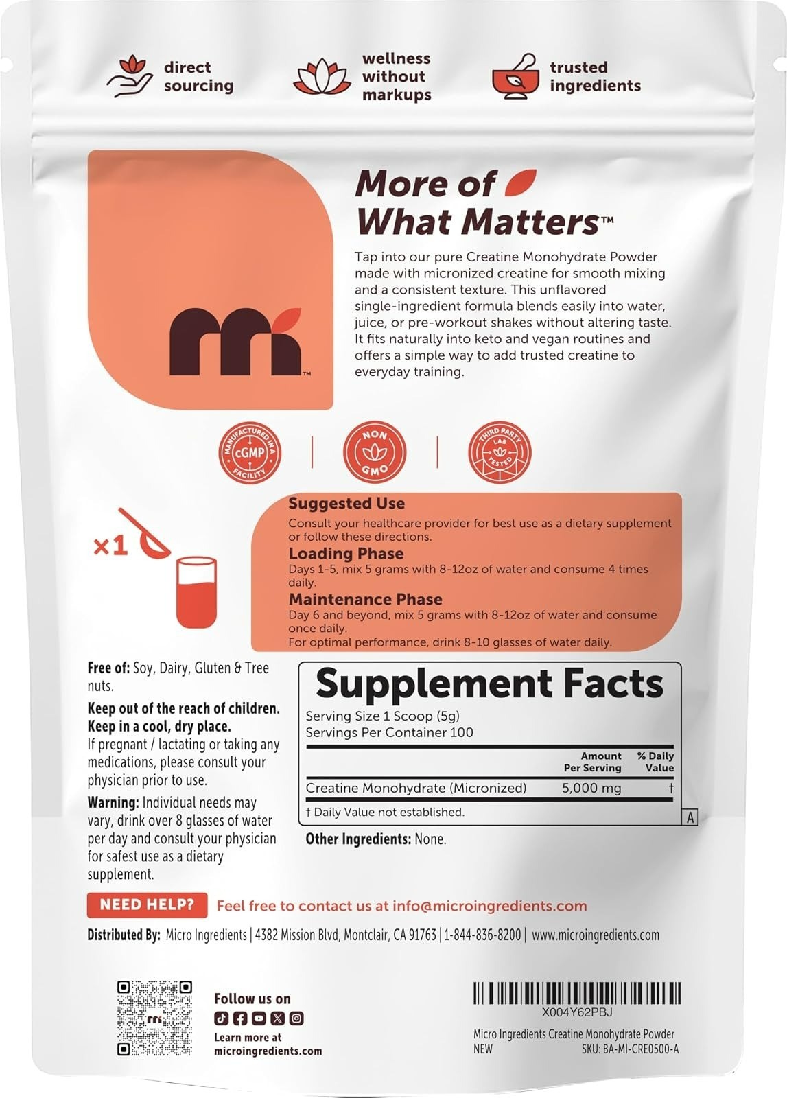 Micro Ingredients Creatine Monohydrate Powder 500g Unflavored Vegan