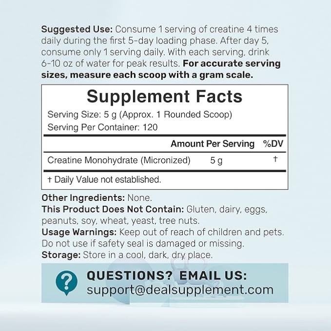 Instant Creatine Monohydrate Powder, 5g Per Serving – 120 Servings