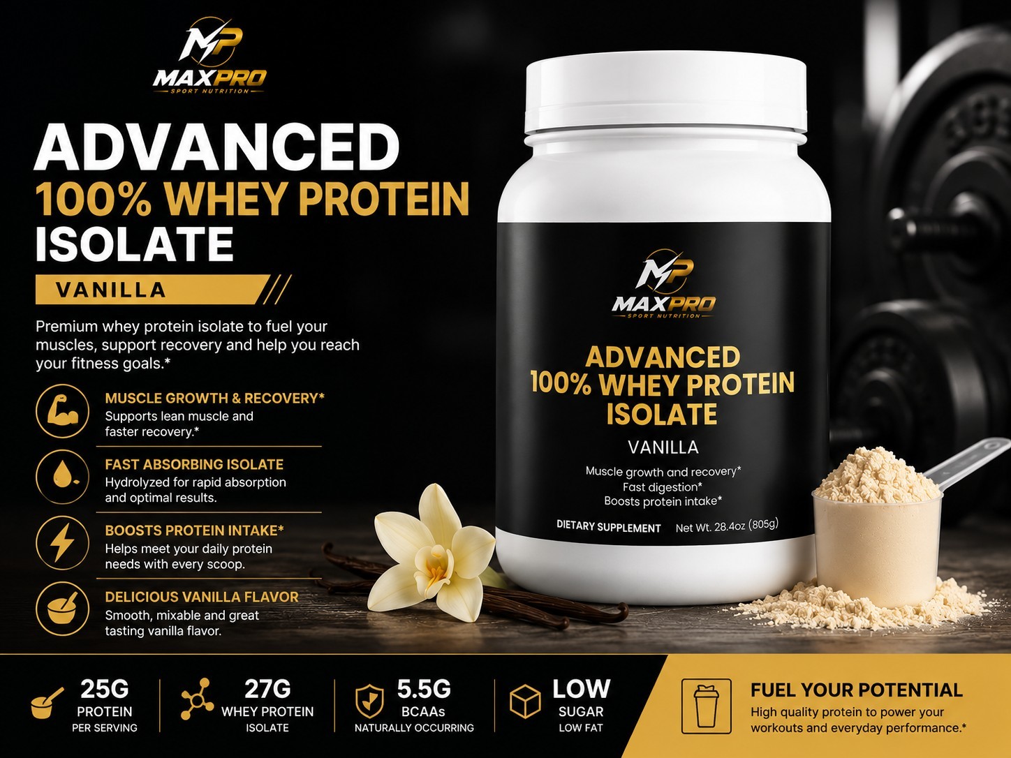 Whey Protein Isolate Vanilla Powder 28.4oz High Protein Muscle Recovery