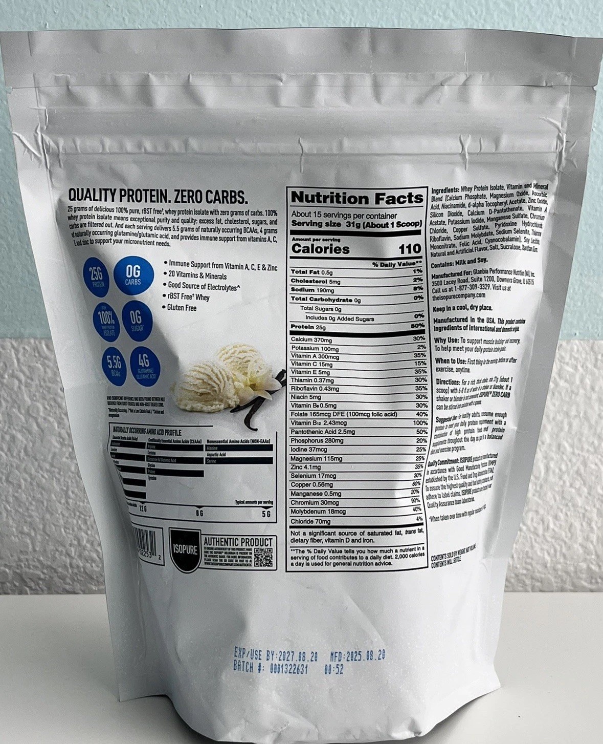 ISOPURE Zero Carb Whey Protein Isolate Powder, Creamy Vanilla, 25G Protein, 1Lb