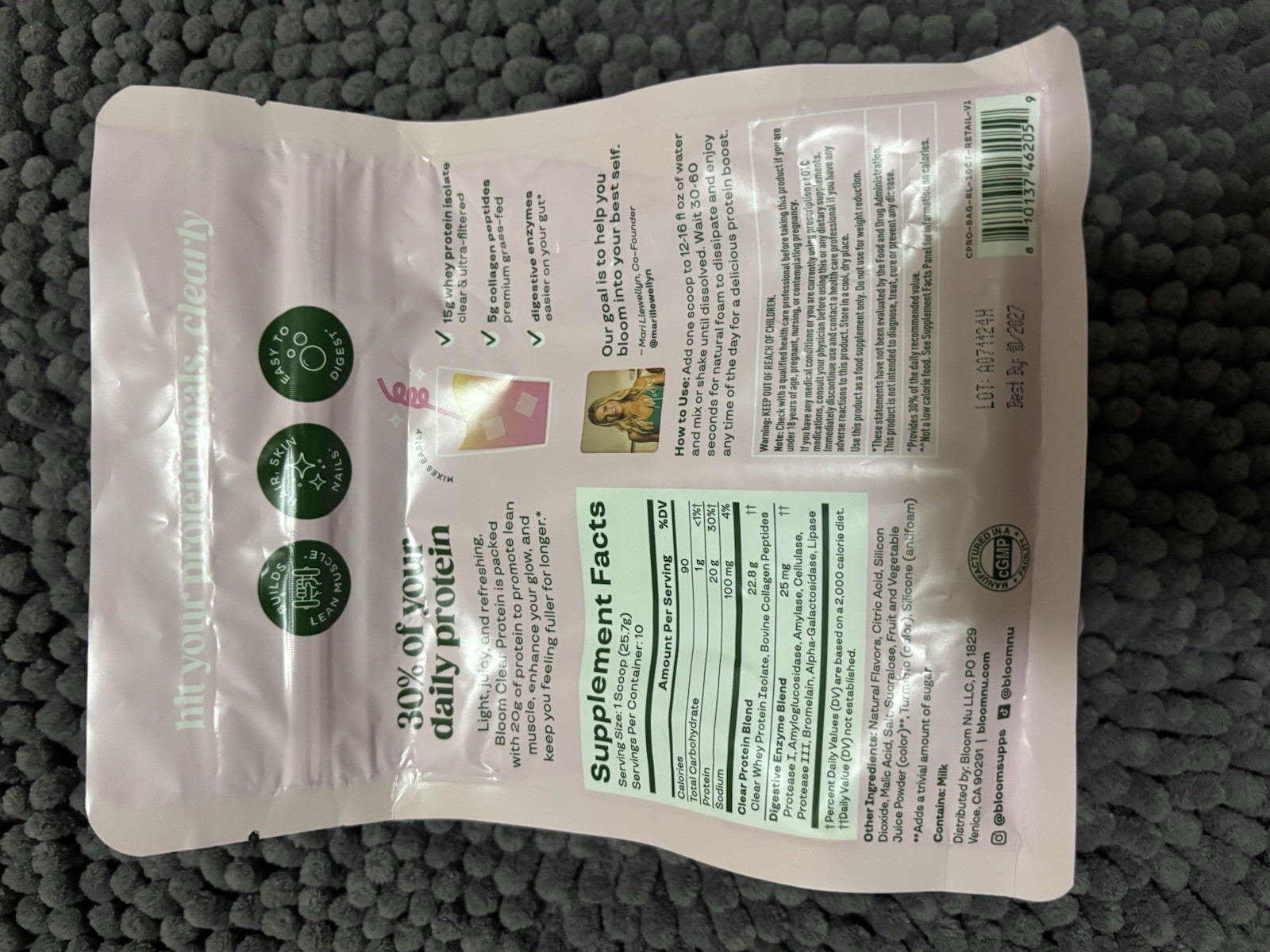 Bloom Clear Whey Protein Powder Raspberry Lemon Collagen Peptides 9.07oz