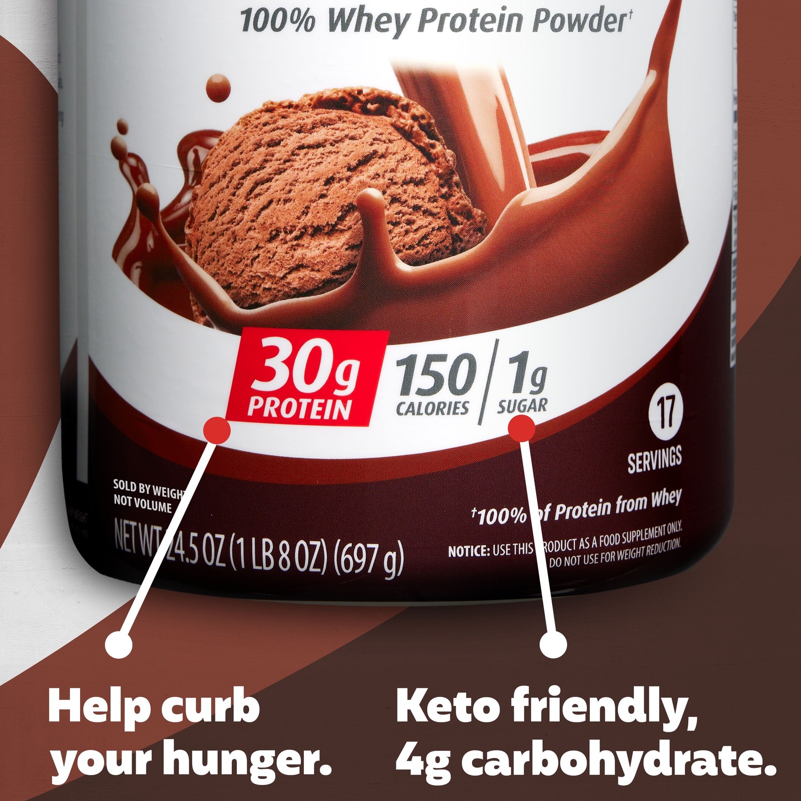 100% Whey Protein Powder, Chocolate Milkshake, 30g Protein, 24.5 oz, 1.5 lb