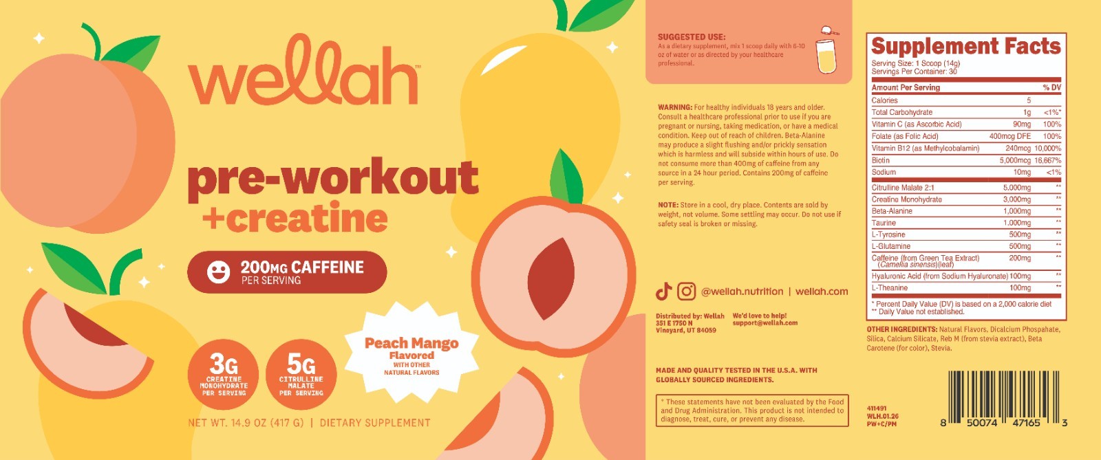 Wellah Pre-Workout + Creatine Powder (30 Servings) Peach Mango – 200mg Caffeine