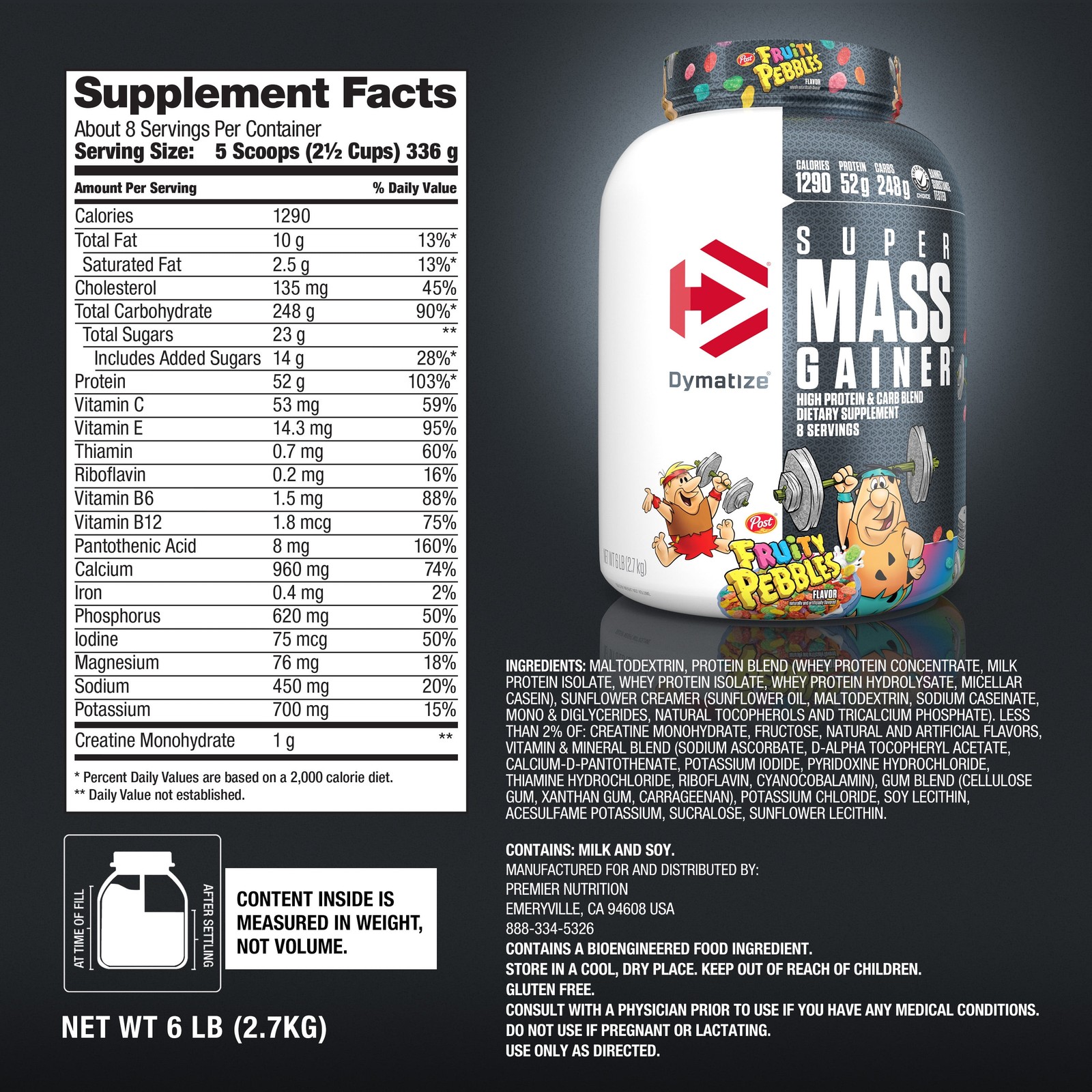 Dymatize Super Mass Gainer Protein Powder, 52g Protein, Fruity Pebbles, 6 lbs