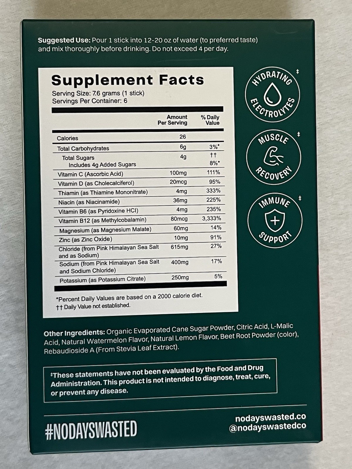 No Days Wasted Rehydrating Electrolyte Drink Packets-Watermelon Lemonade Flavor