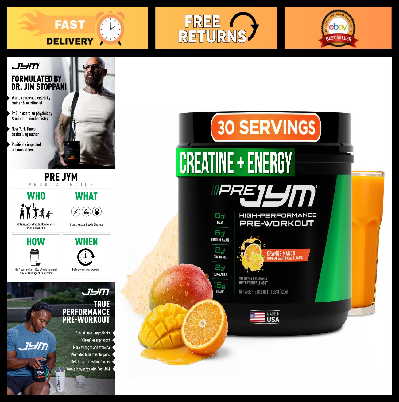 Pre-Workout Supplement 30 Servings – Orange Mango Flavor, Energy & Focus Boost