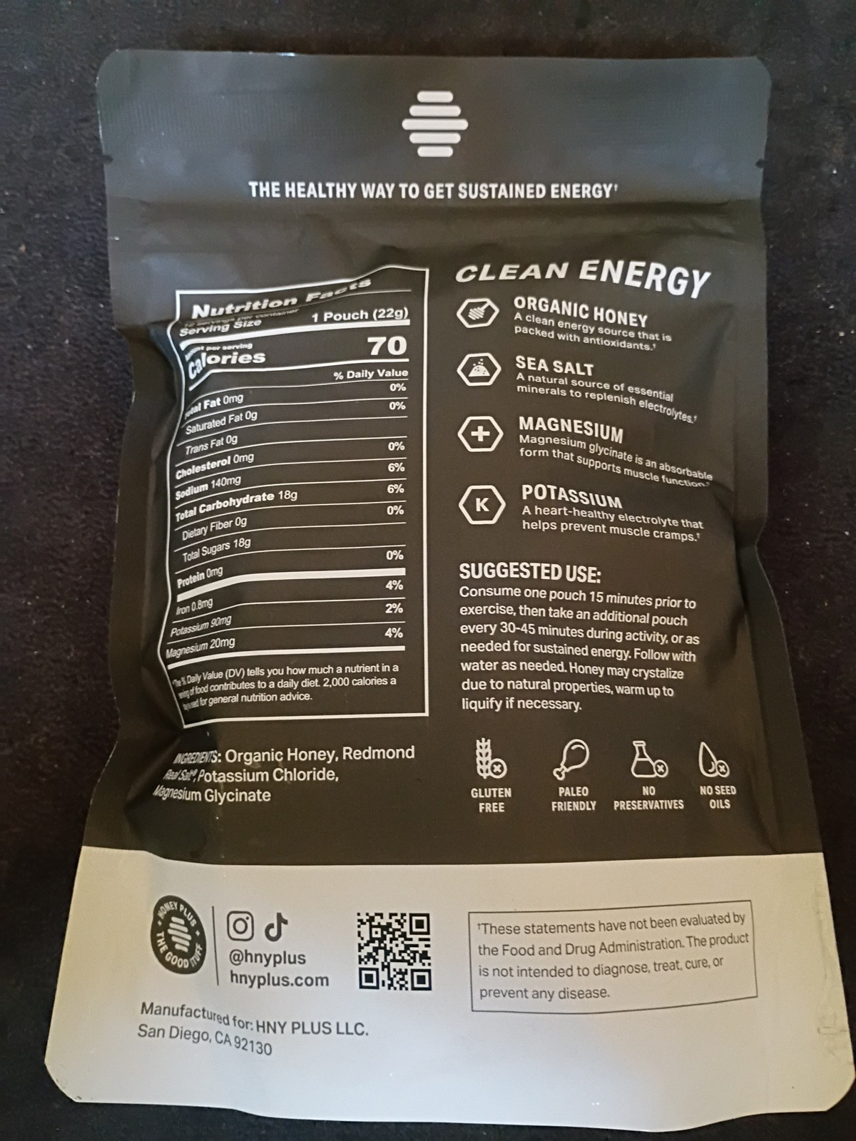 HNY+ Organic Honey Energy Gel 12 Pack Electrolytes Magnesium Salt Potassium