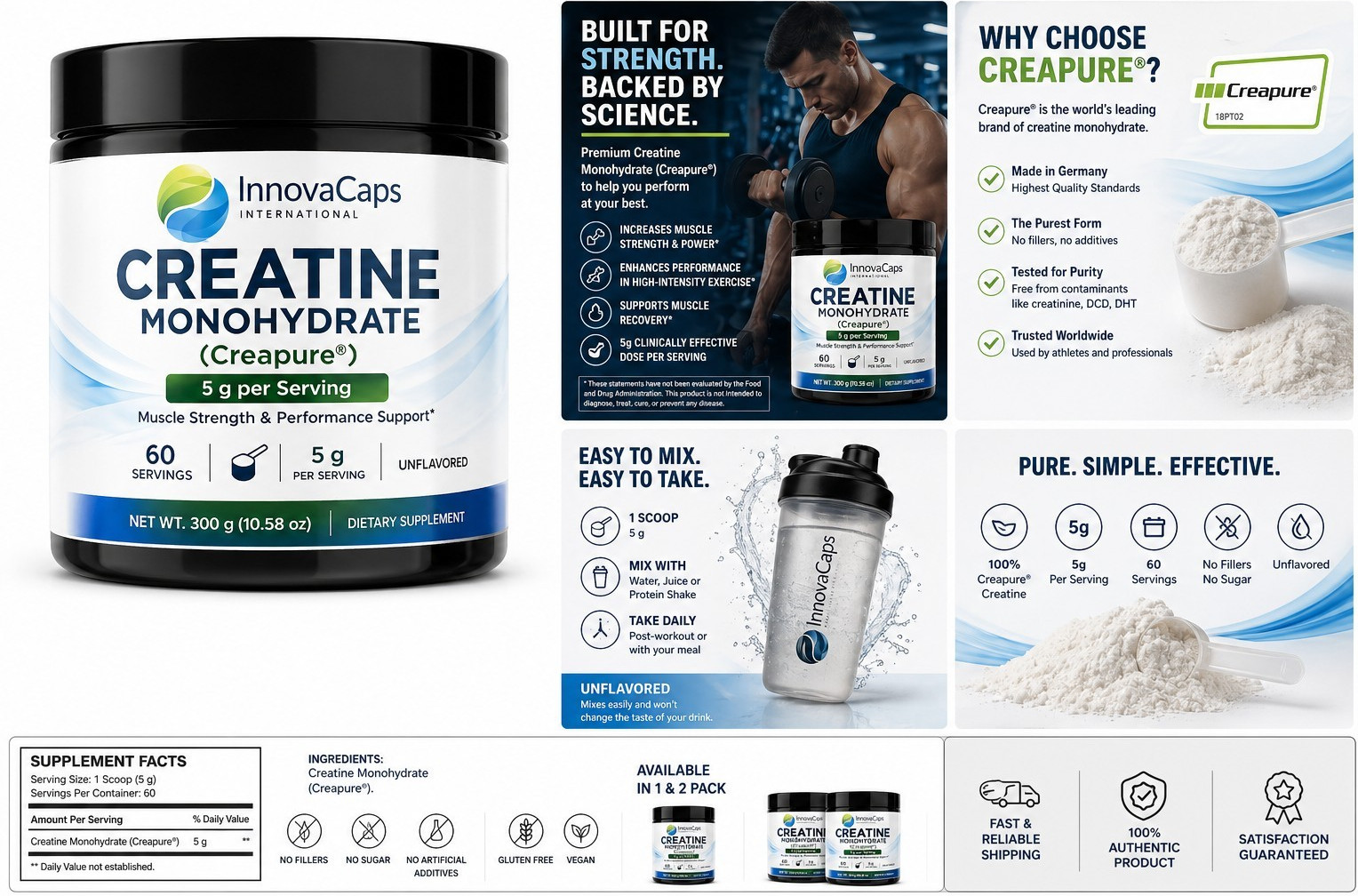 InnovaCaps Creatine Monohydrate Creapure Powder 300g 5g/Serving Unflavored Vegan