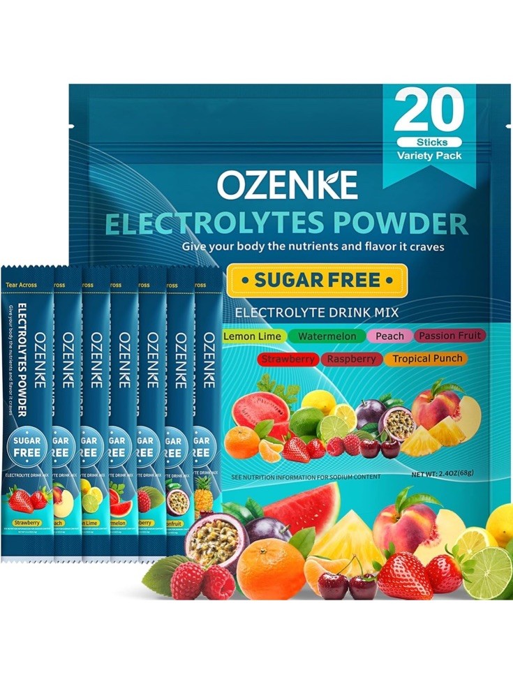 OZENKE Electrolytes Powder Packets Sugar Free Hydration Flavor Variety 20 Sticks