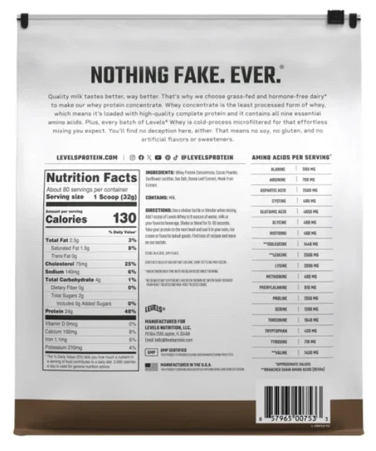 Levels Grass Fed Whey Protein, Double Chocolate, 5.64 lbs