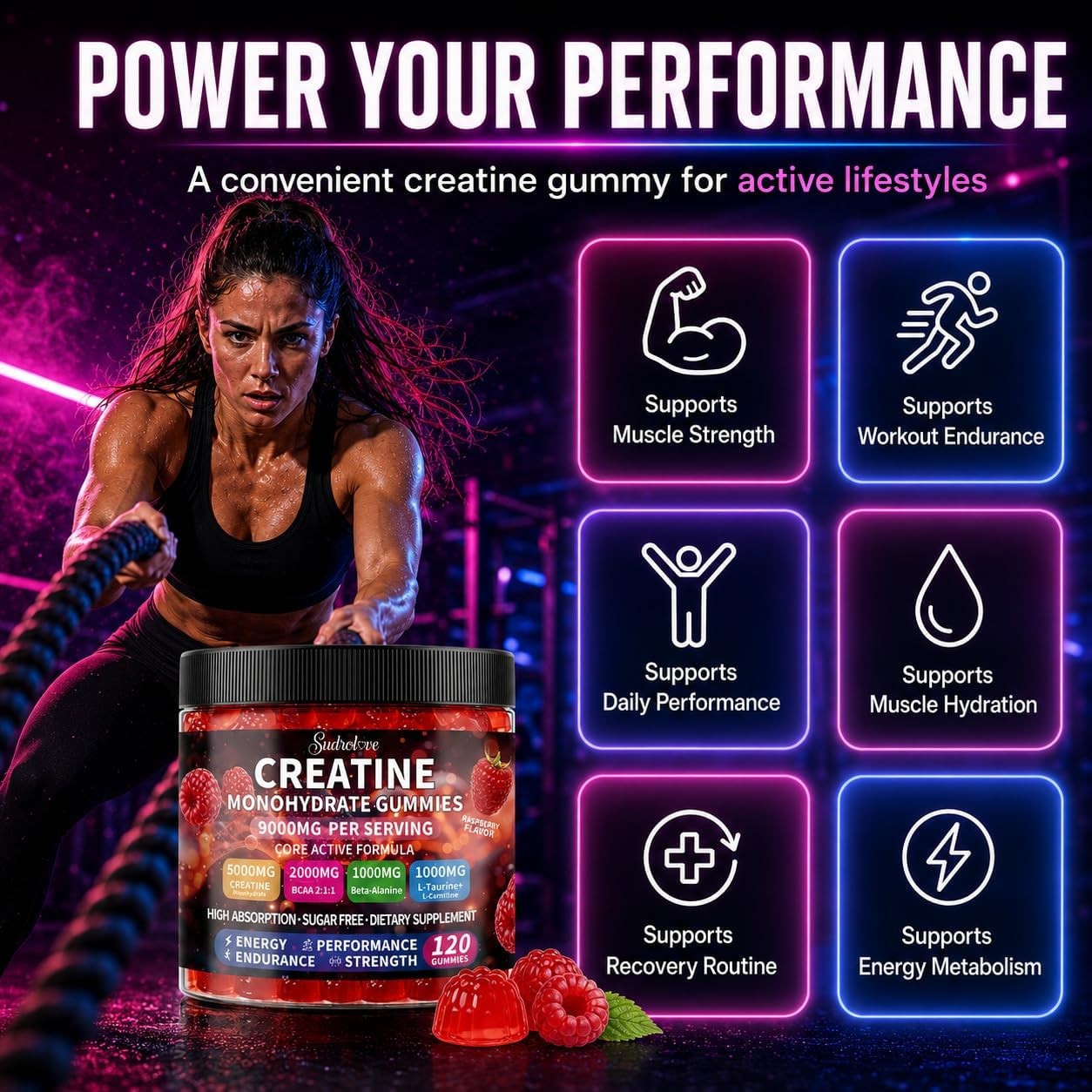 Creatine Monohydrate Gummies with BCAA, Beta-Alanine, L-Taurine, L-Carnitine, Vi
