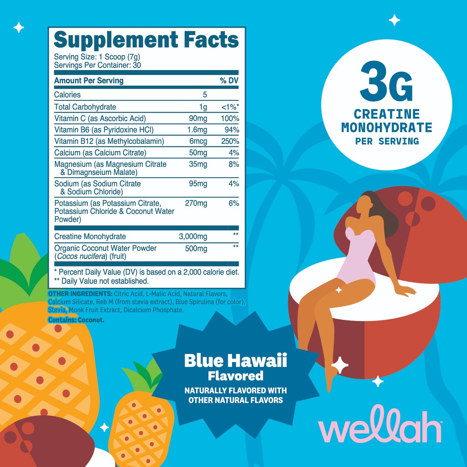 Wellah Creatine + Electrolytes Powder (Blue Hawaii) 30 Servings