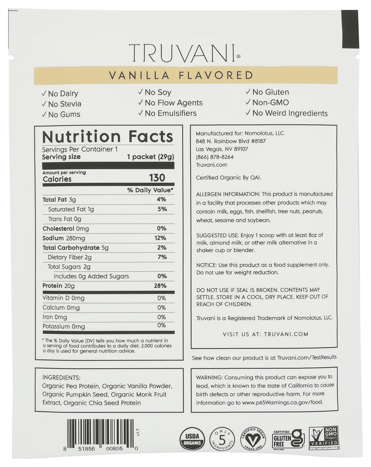 Truvani Plant Based Protein Powder Vanilla 3 Pack