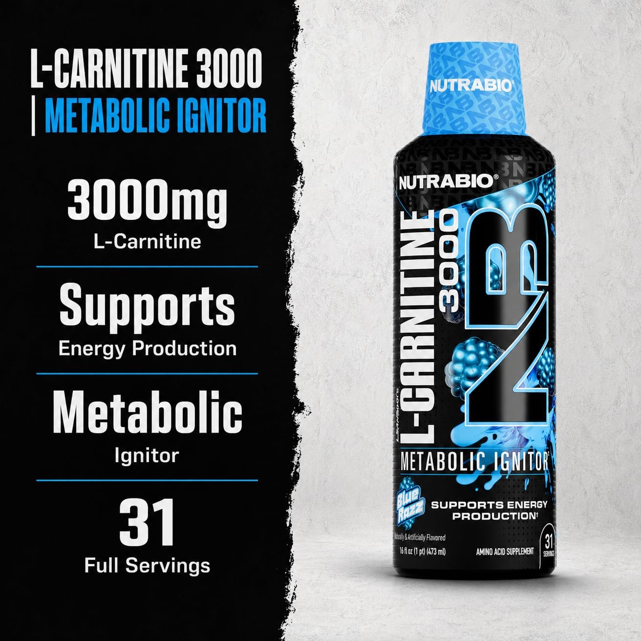NutraBio – L-Carnitine Liquid Shots – 3000mg, 16 Fl Oz (Pack of 1), Blue