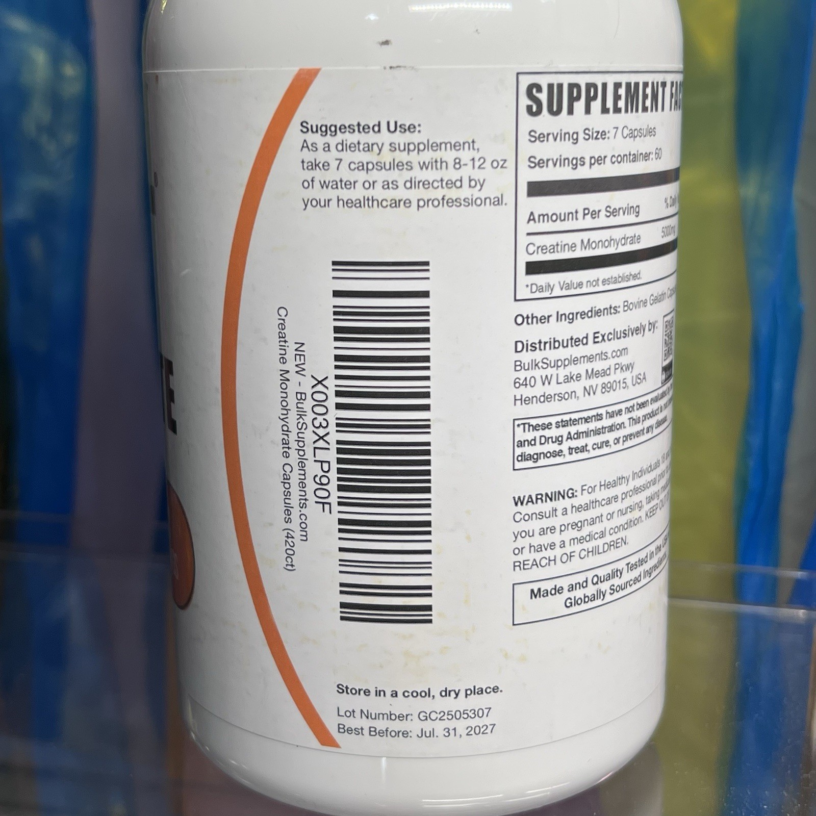 BulkSupplements Creatine Monohydrate Capsules 420 Count 5000mg Exp 7/31/27