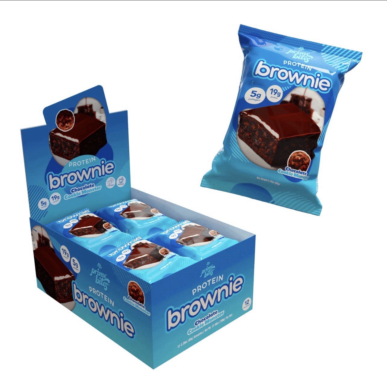 Prime Bites High Protein Brownie – Chocolate Cookie Monster 🍪 5g Collagen 12Ct