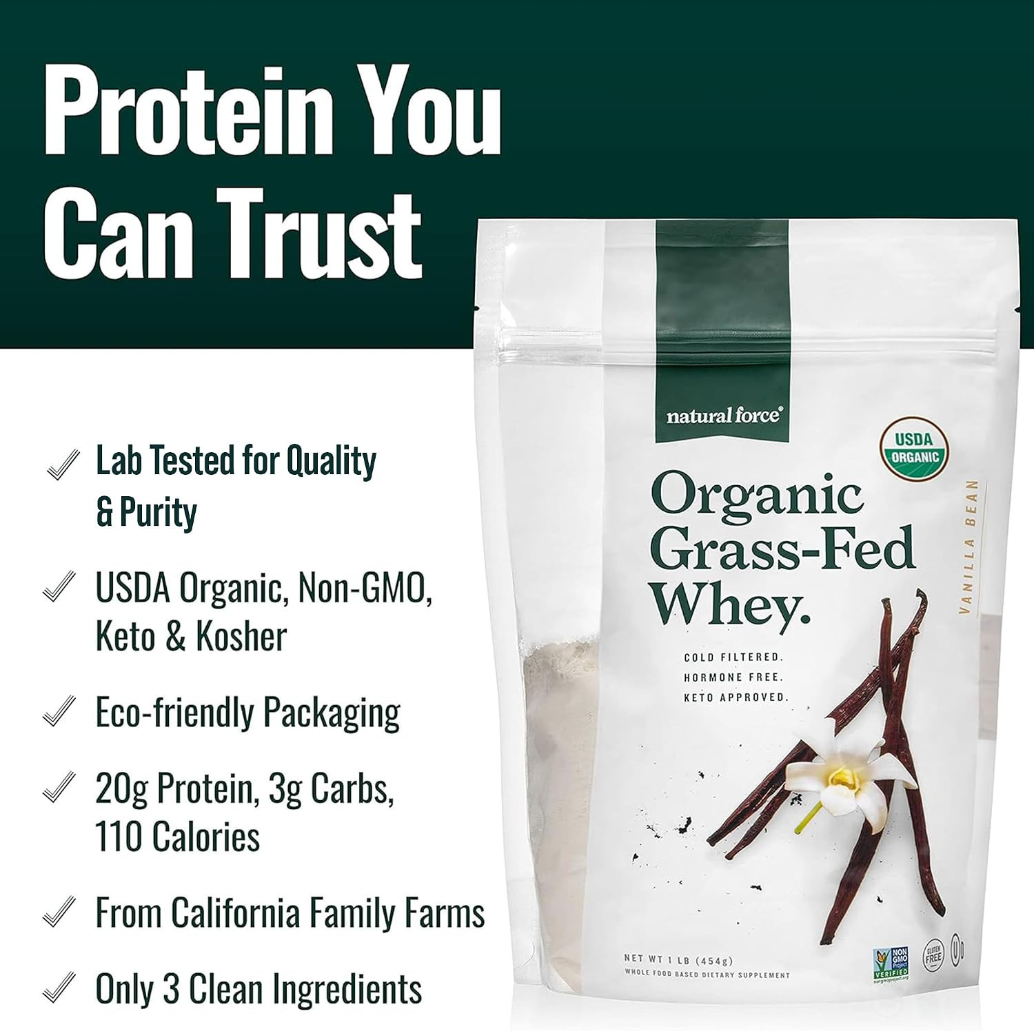Grass Fed Organic Whey Protein Powder – Non GMO Verified, Humane Certified & Lab