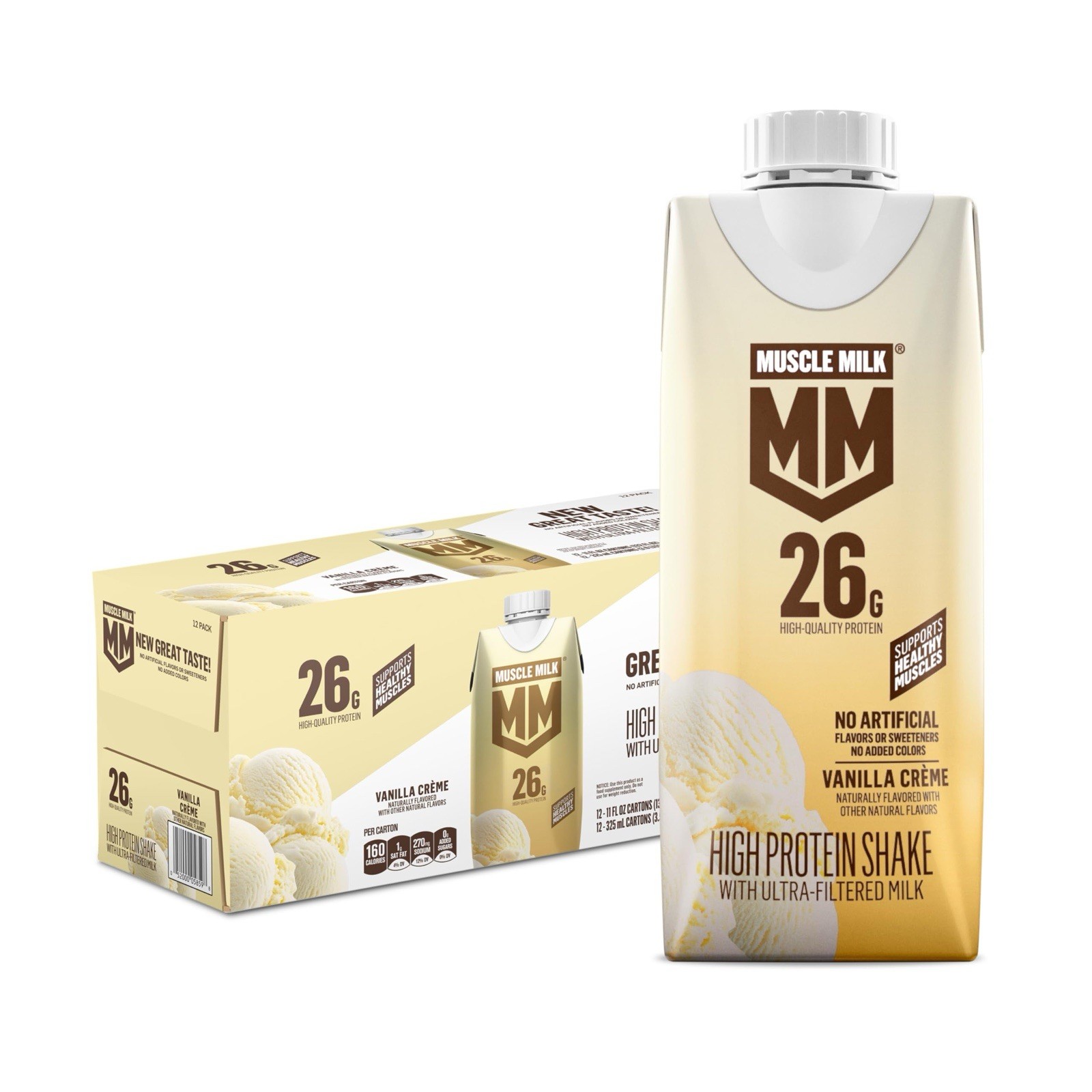 Muscle Milk High Protein Shake, Vanilla Creme 🍨 11 fl oz Cartons, (12 Pack)