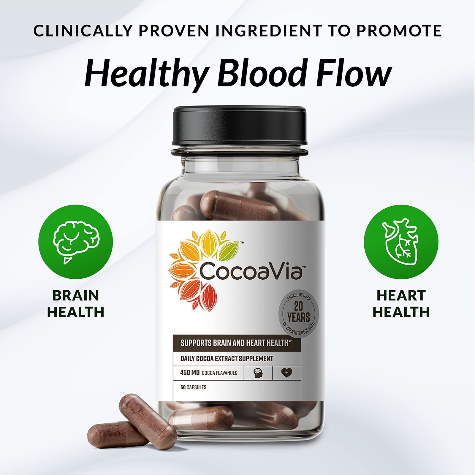 CocoaVia Heart & Brain Supplement, 30 Day, 450 mg Cocoa Flavanols, Memory & C…