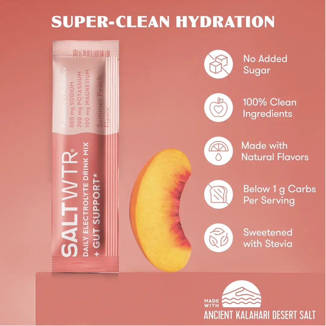 SaltWTR Functional Electrolyte Hydration Drink Mix – Gut Support Peach 30 Pack