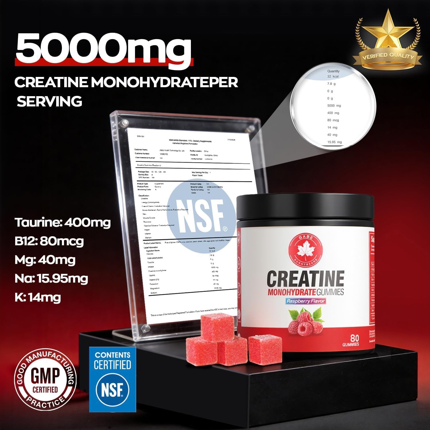 Creatine Gummies, (80Count) NSF Certified, 5g Creatine Monohydrate per Servin…