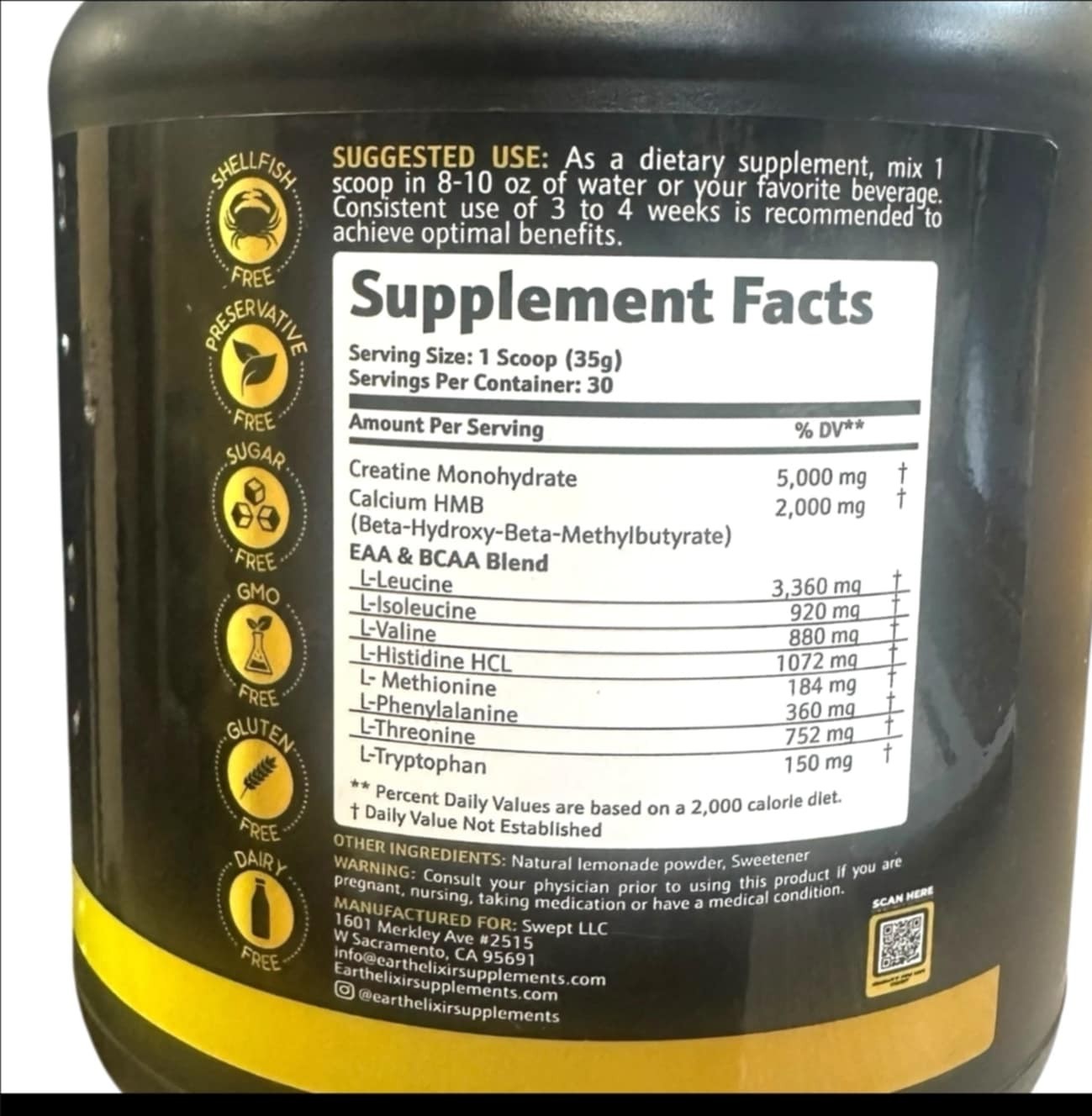 Earth Elixir Creatine + HMB With EAA & BCAA Lemonade Flavor Lot Of 4
