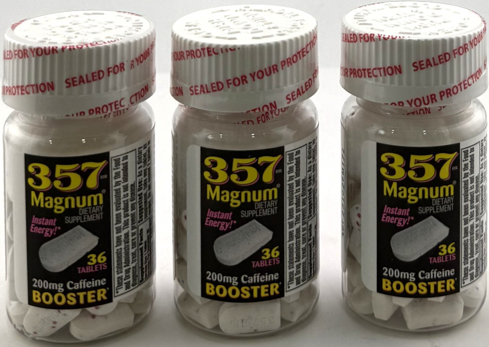 (3) 357 Magnum Instant Energy 200mg CAFFEINE BOOSTER 36 Tablets/Bottle 3 Bottles