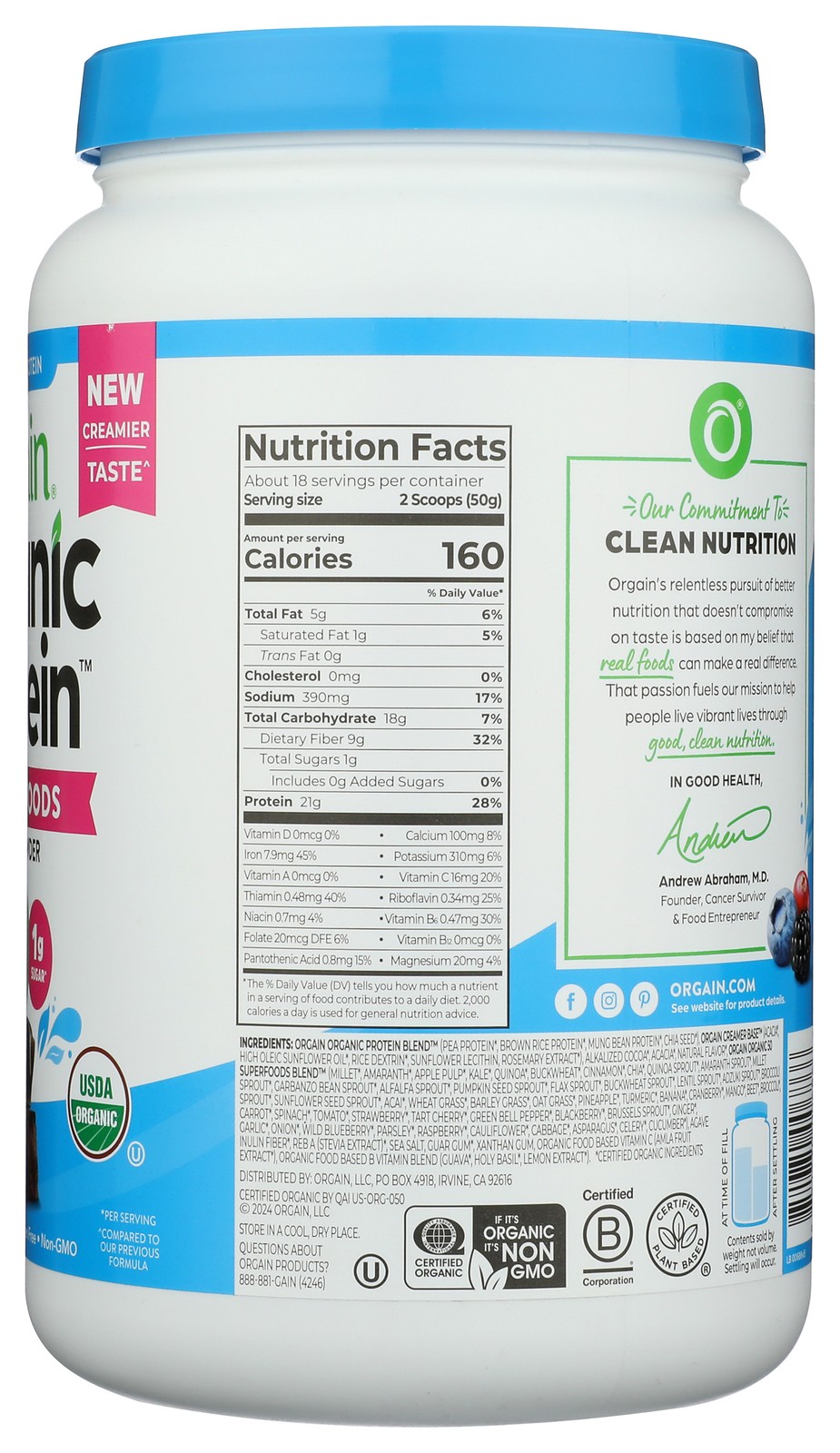 Orgain Creamy Chocolate Fudge Organic Plant Protein Powder 2.02 Lb 1 Pack