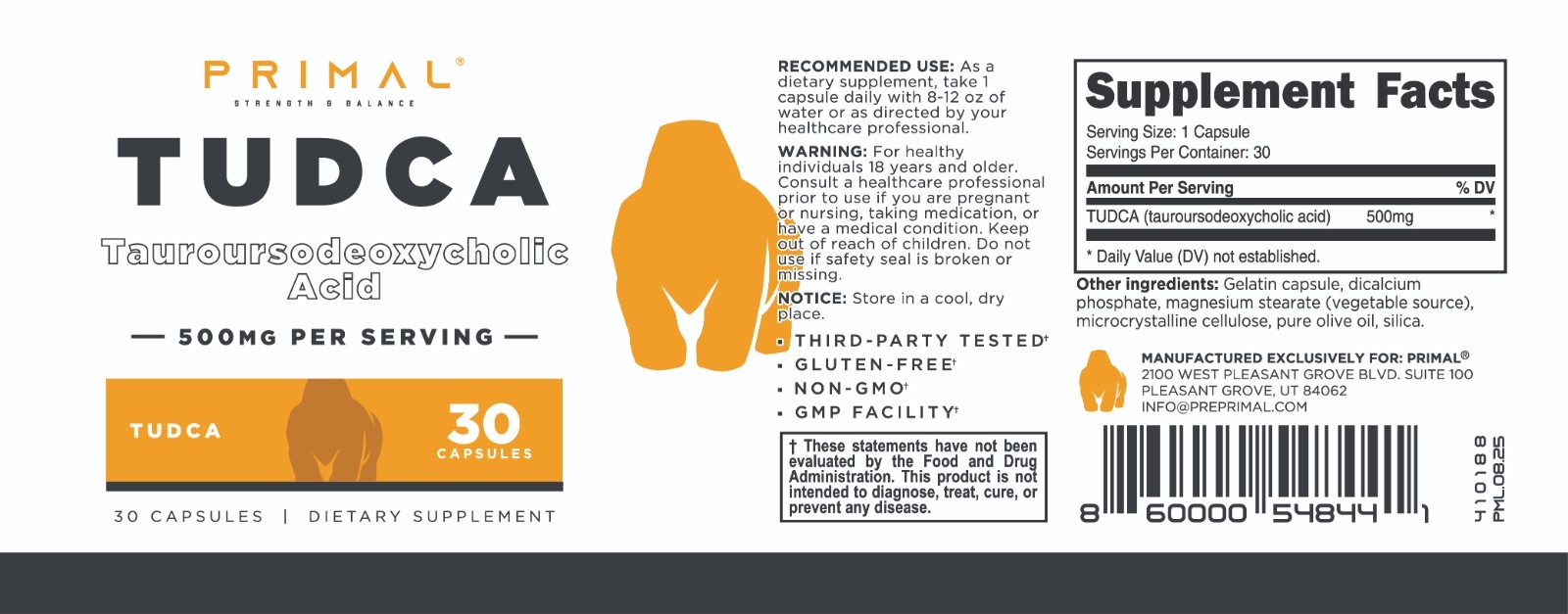 Primal Tudca 500mg Per Serving 30 Caps – Tauroursodeoxycholic Acid Supplement