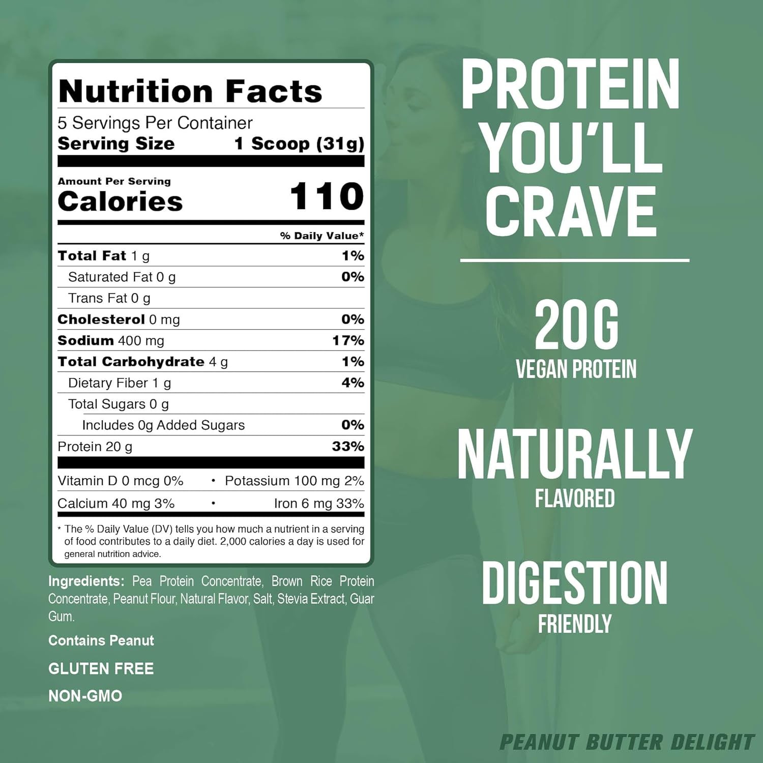 Plant-Based Vegan Protein Powder: Pea + Rice Protein Blend, Gluten/Dairy/Soy