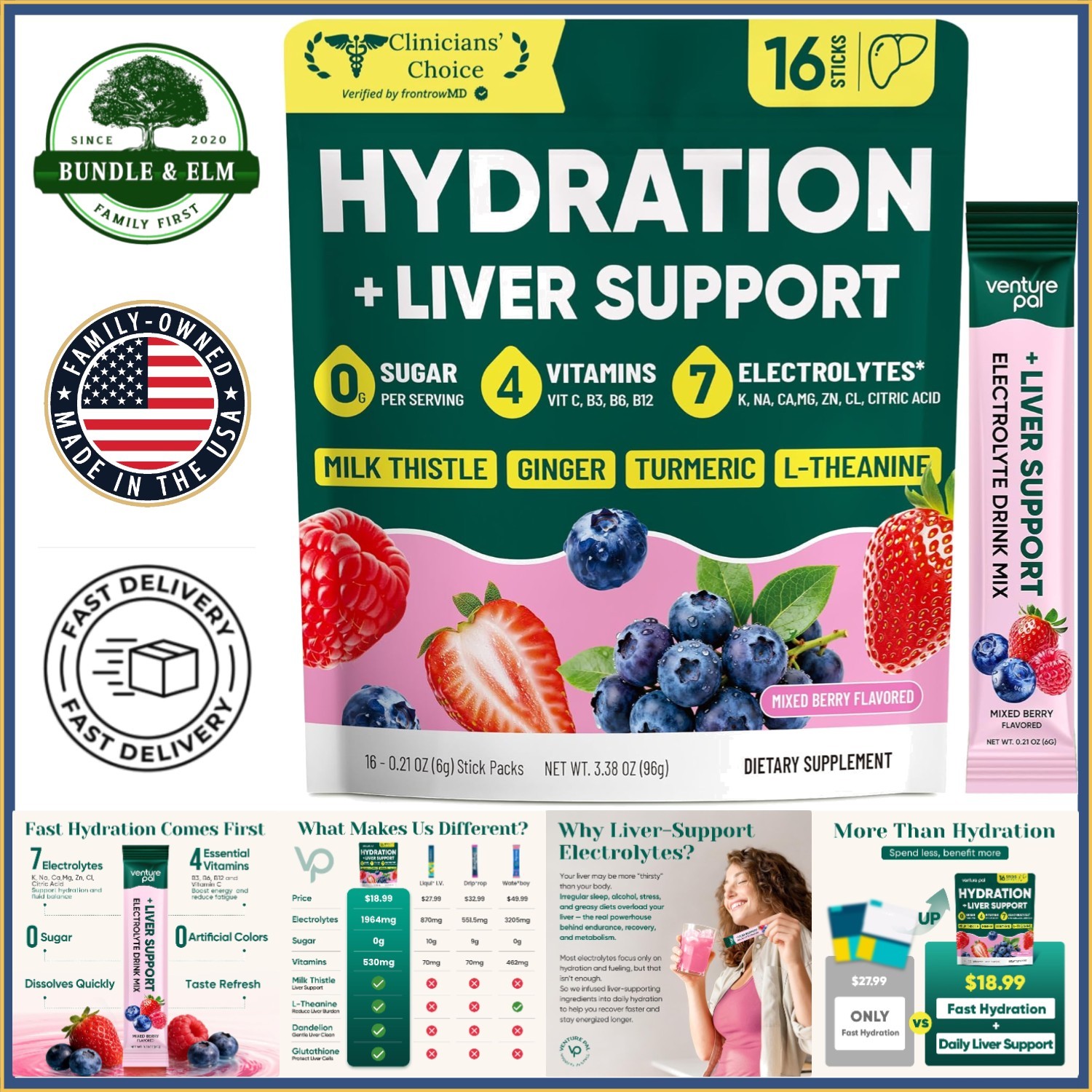 Liquid Electrolyte Powder Packets with Vitamins for Adult Hydration – 16 Count
