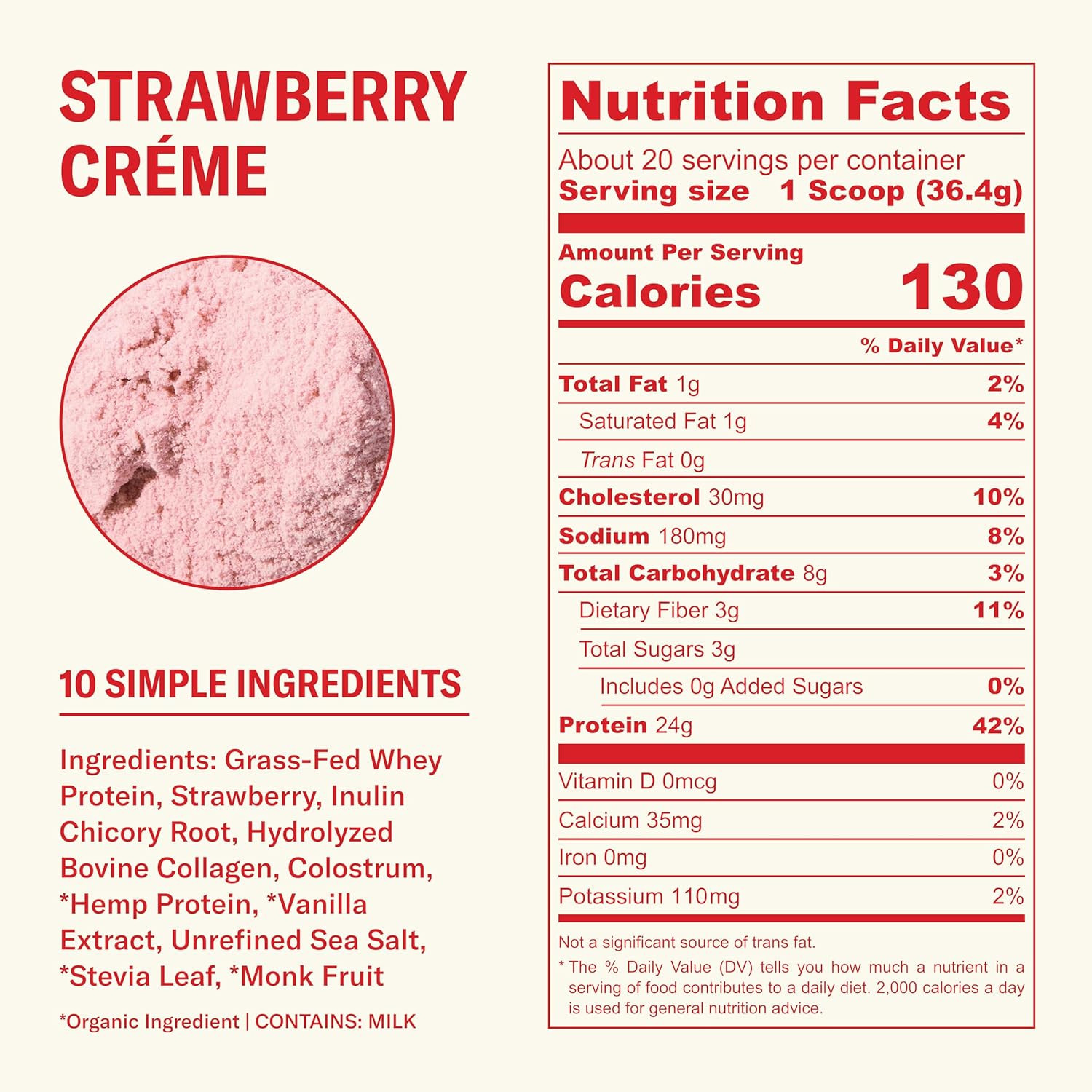 Grass Fed Whey Protein Powder Strawberry Crème, 24G Protein with Collagen Peptid