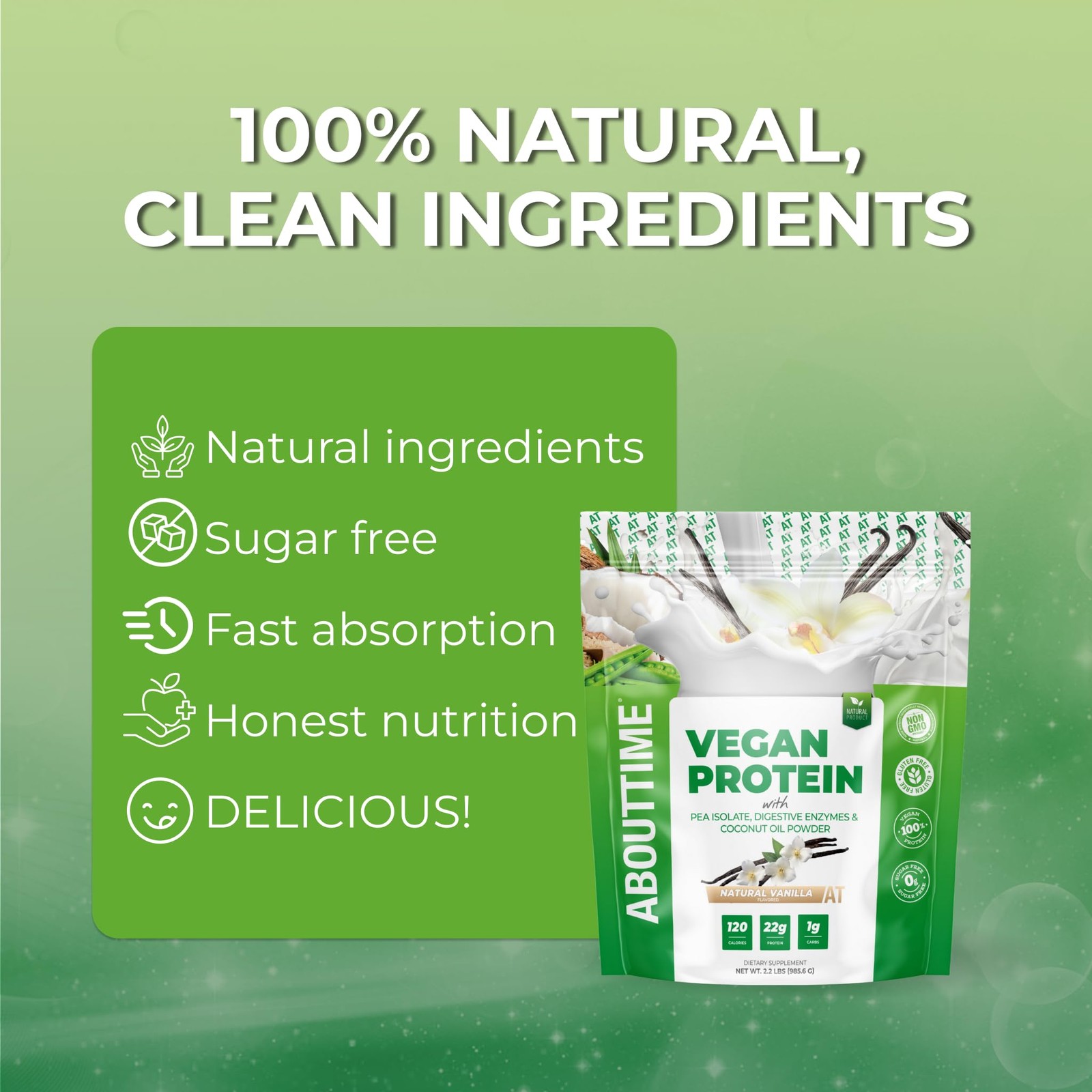 About Time Vegan Protein Powder, 22g Vanilla, Natural, Non-GMO, Plant-Based