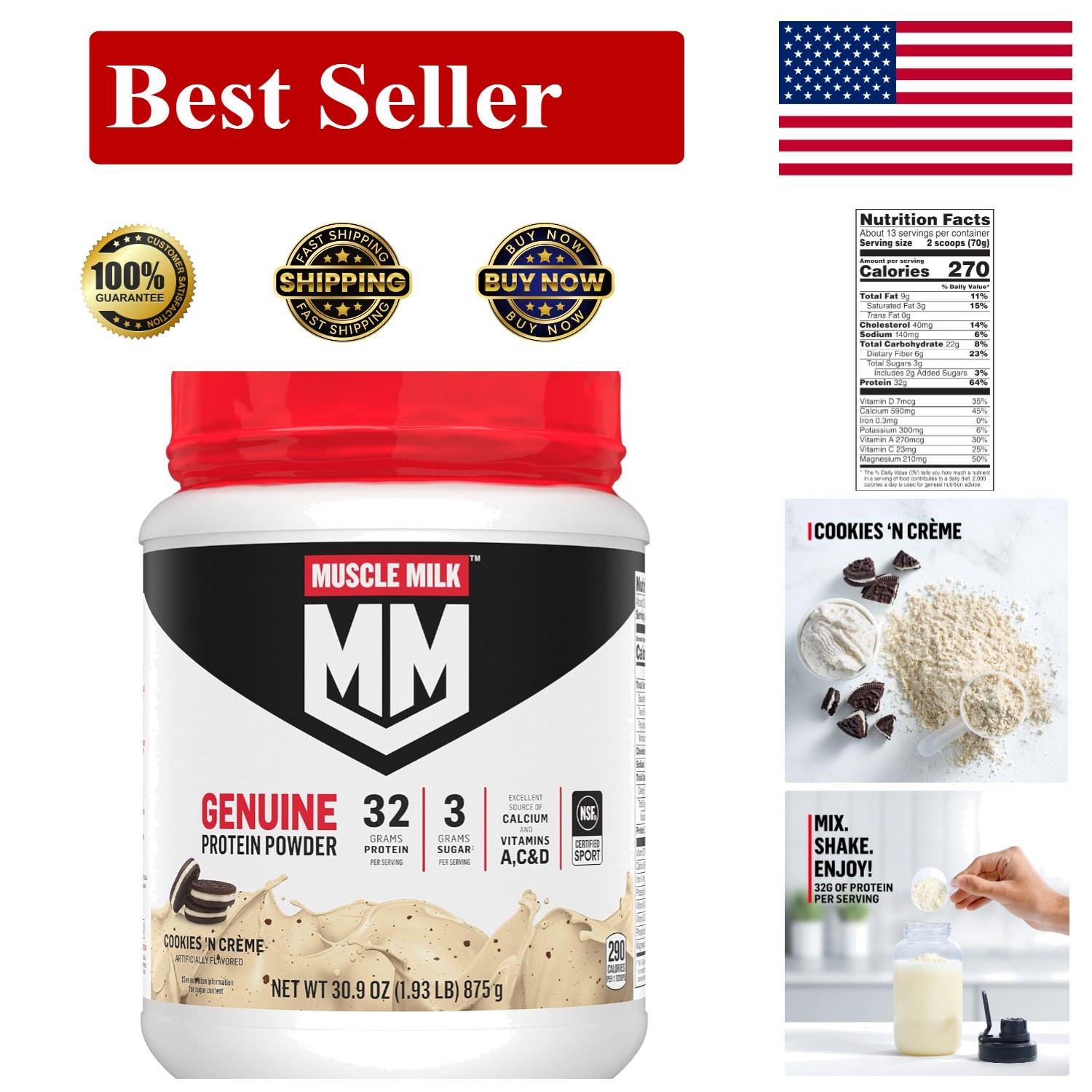 Muscle Milk Vanilla CrÃ¨me Protein Powder 1.93lb 12 Servings NSF Certified