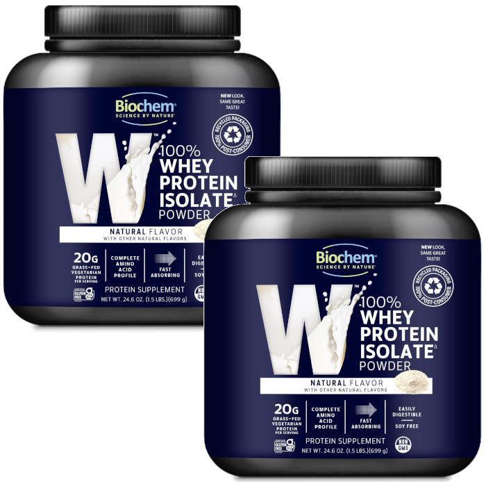 Biochem 100% Whey Protein Isolate Grass Fed Natural 699g/1.5 lb Each (Pack of 2)