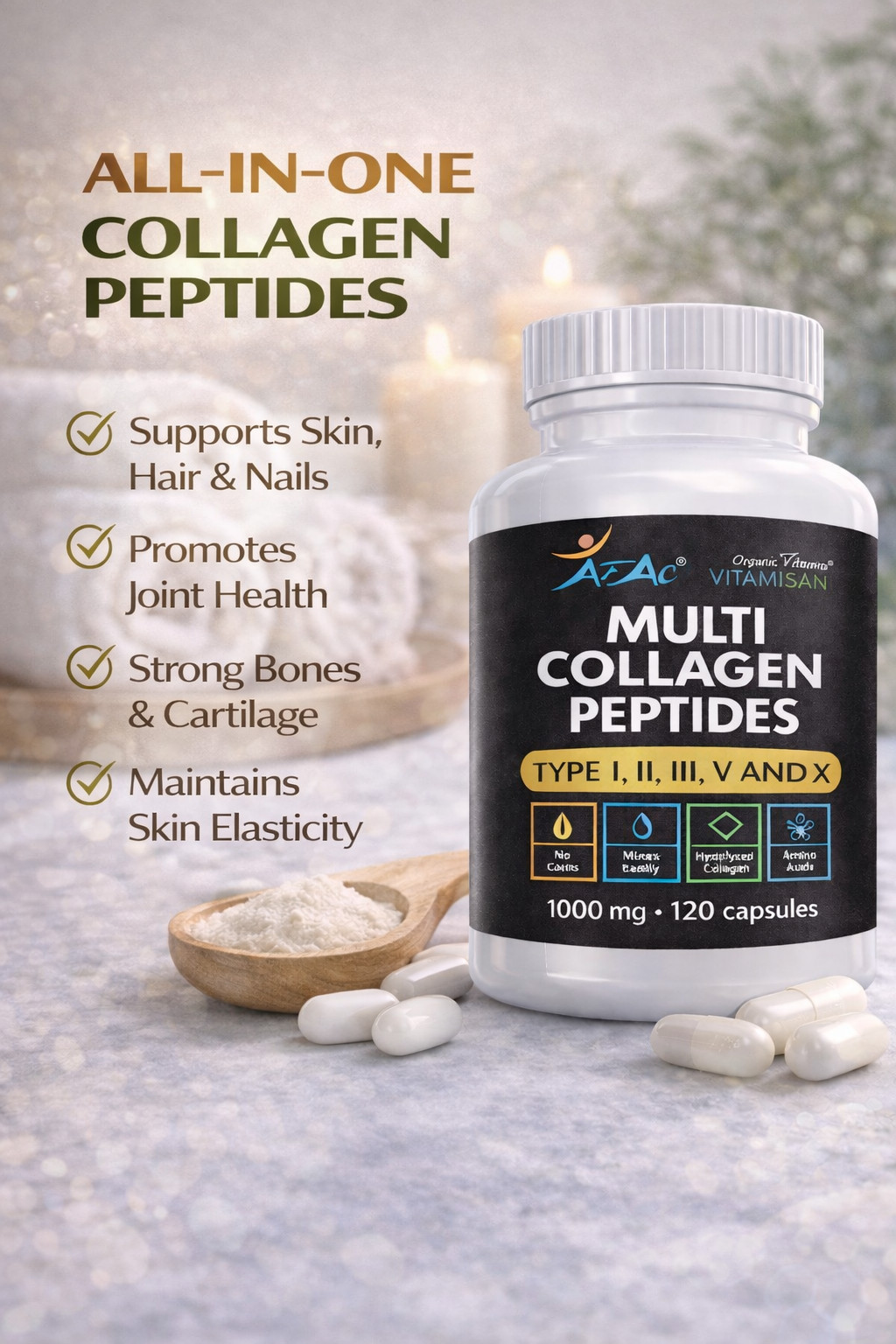 Multi Collagen Peptide protein 120 Caps 100o mg Type I,II,III,X Anti-Aging keto