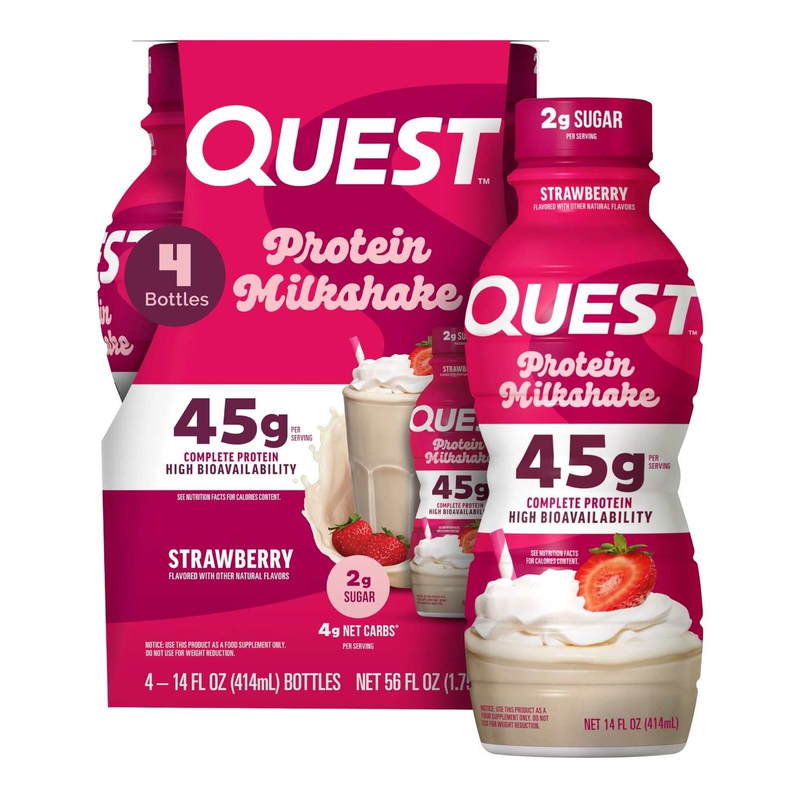 Quest Nutrition Strawberry Protein Shake, 45g Protein, 14 Fl Oz (Pack of 4)