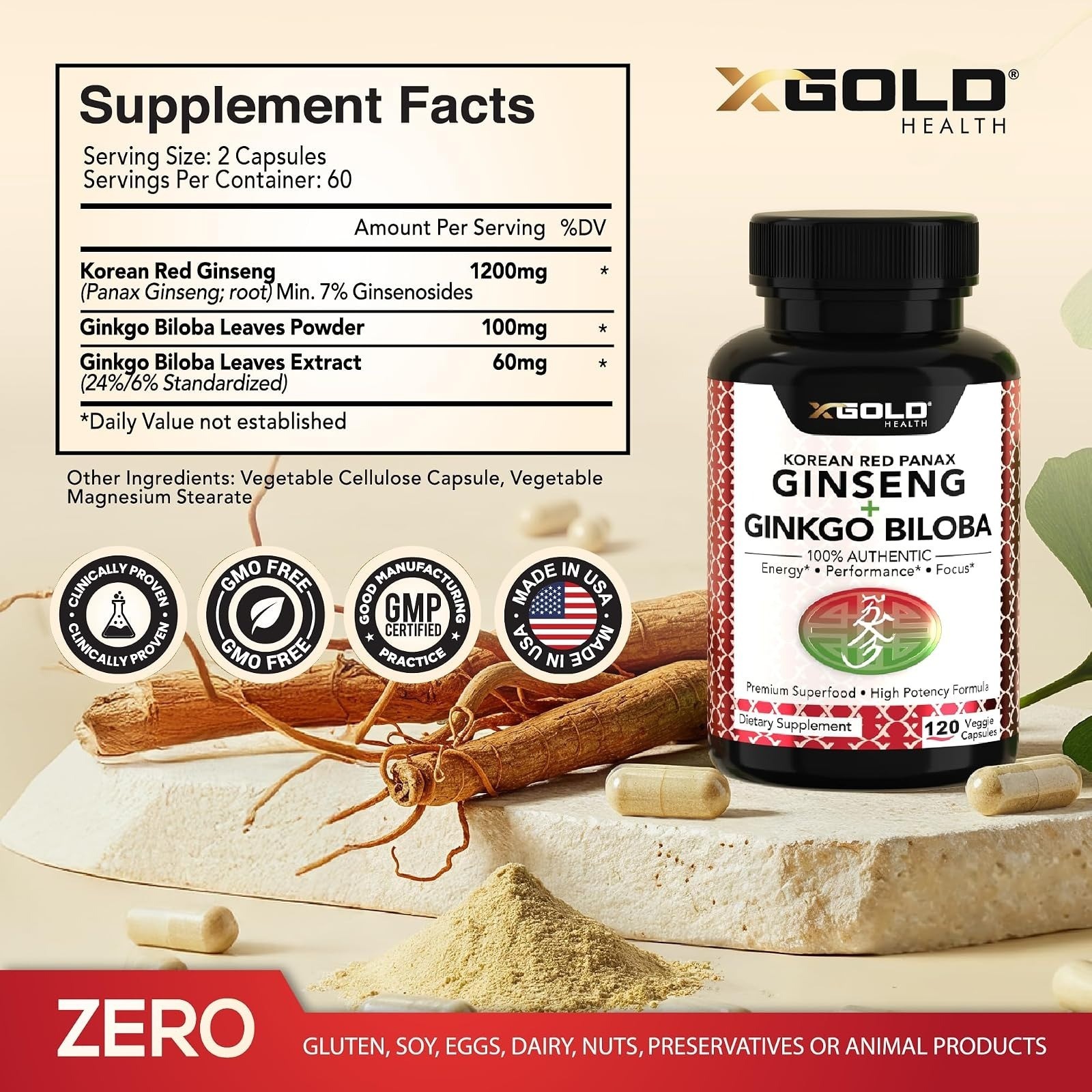 X Gold Health Korean Red Panax Ginseng 1200mg + Ginkgo Biloba 120 Capsules