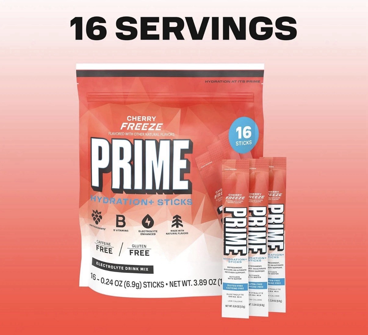 PRIME Electrolyte Hydration Powder Mix 16 Sticks Caffeine-Free Cherry Freeze