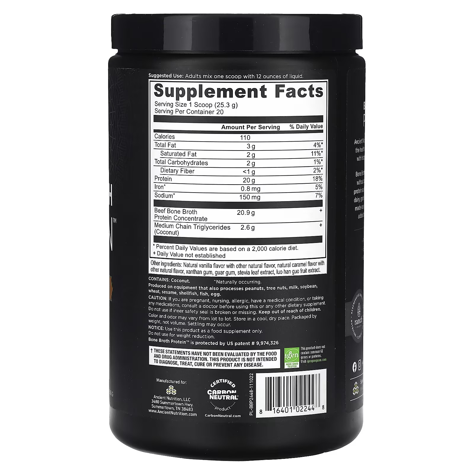 2 X Ancient Nutrition, Bone Broth Protein, Salted Caramel, 1.12 lb (506 g)