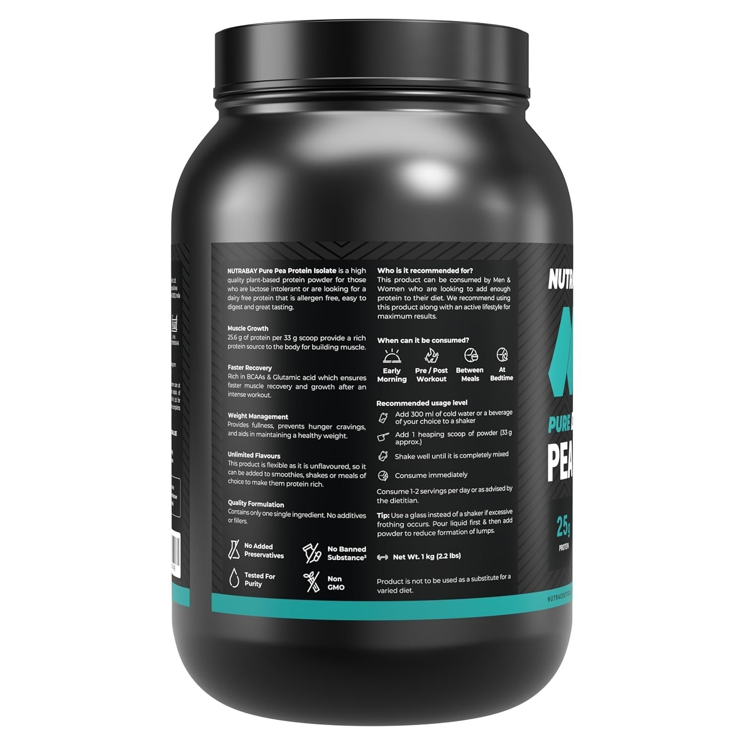 Pure Pea Protein Isolate – 25.3g Protein, 5g BCAA -1 Kg Unflavoured, 30 Servings