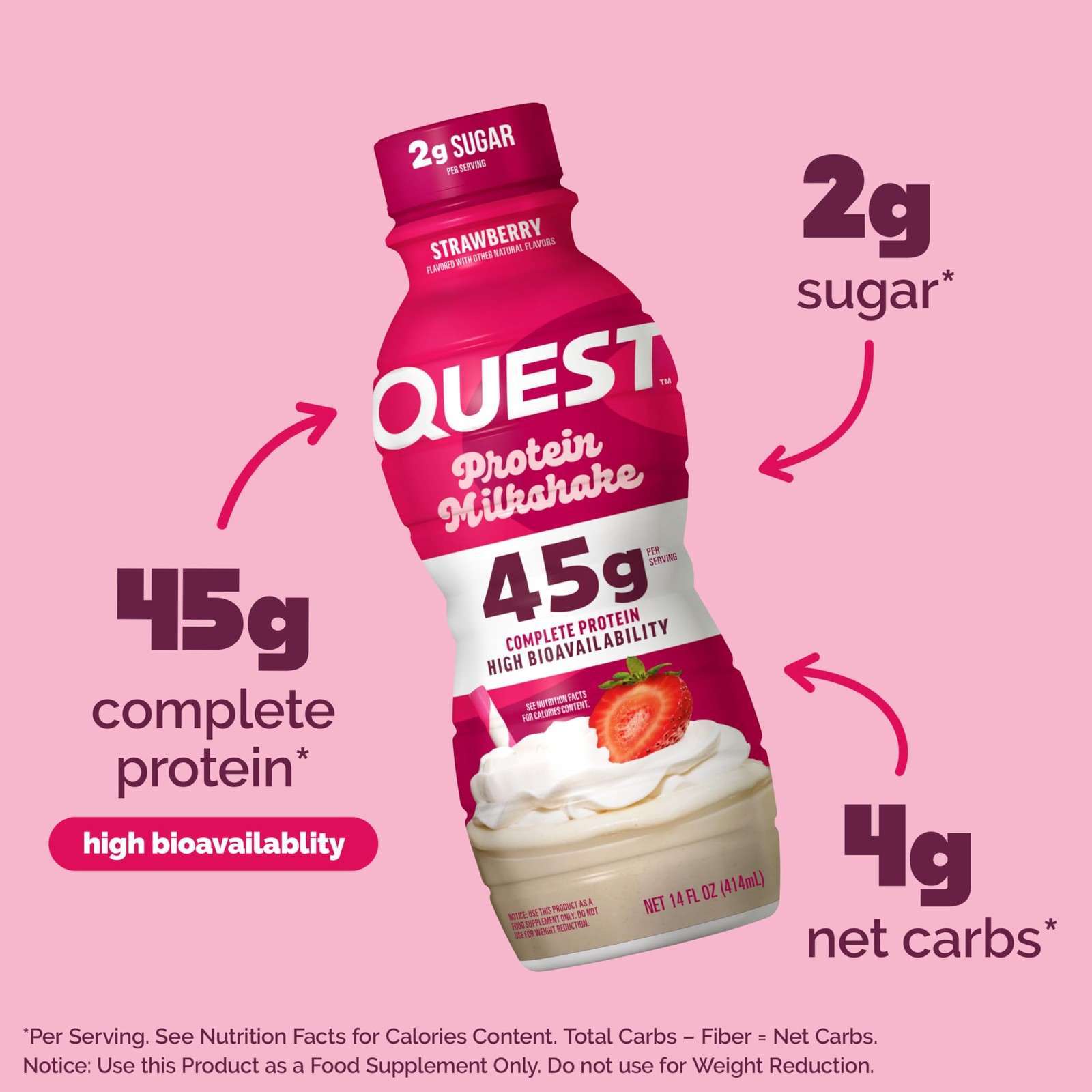 Quest Nutrition Strawberry Protein Shake, 45g Protein, 14 Fl Oz (Pack of 4)