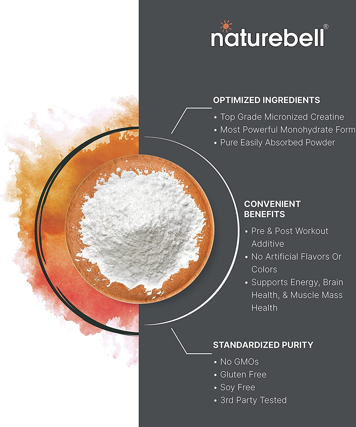 NatureBell Creatine Monohydrate Powder 500g, 5000mg Per Serving Pure Pre Workout