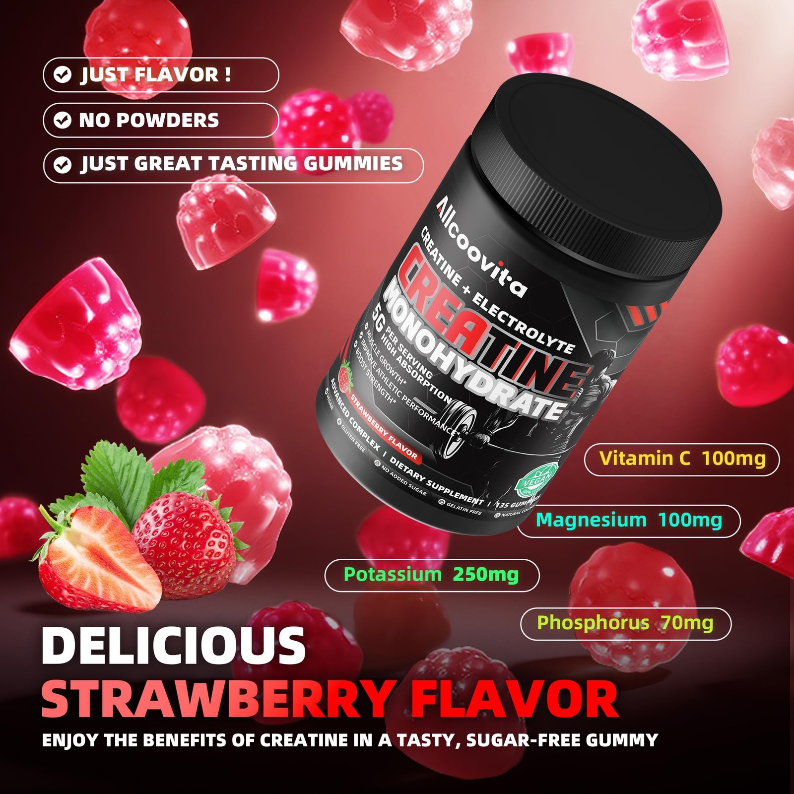 Allcoovita NSF Certified Creatine Gummy 5g 135 Count (Pack of 1), Strawberry