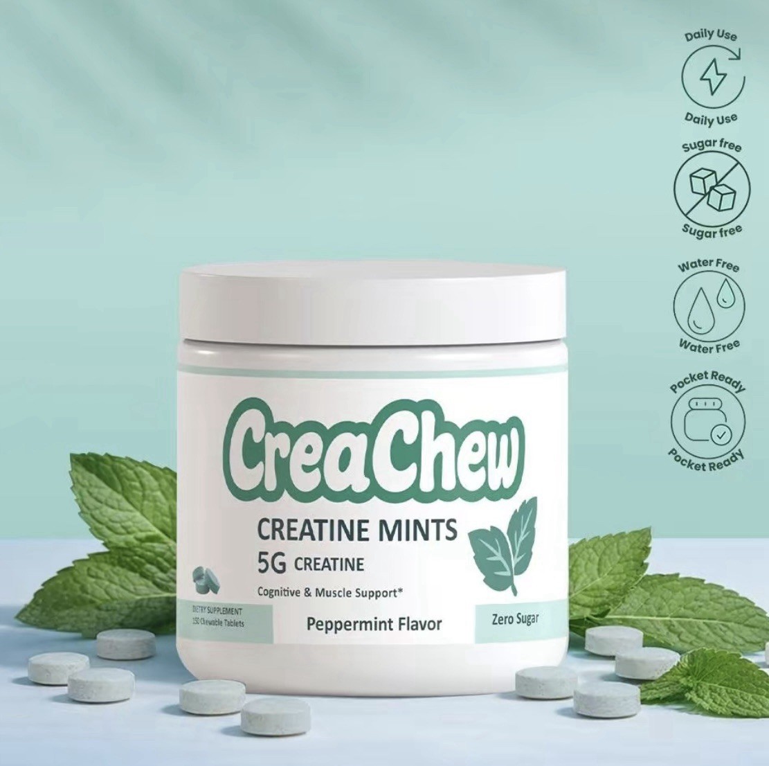 CreaChew Creatine Mints Peppermint 5g Creatine 150 Count Sugar Free