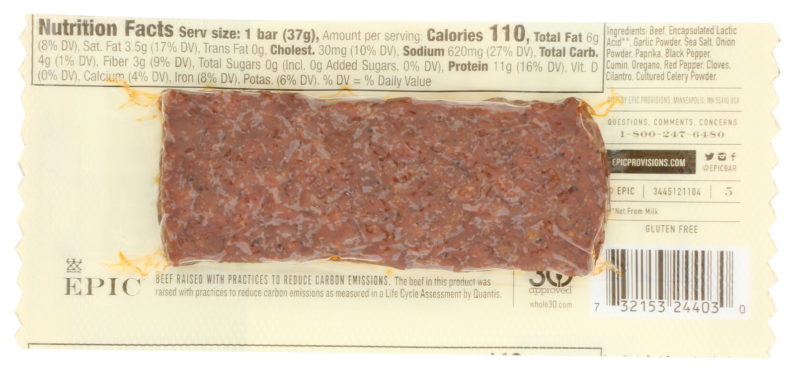 Epic Barbacoa Beef Protein Bar 1.3 Oz Gluten Free 12 Pack