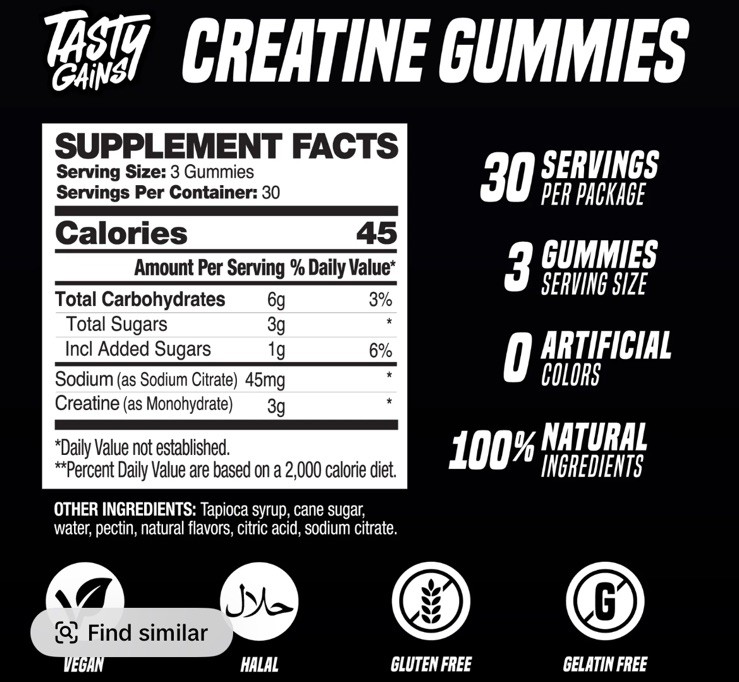 TASTY GAINS Creatine Gummies, 90g of Creatine, Non-GMO, Vegan – Build Muscle & B